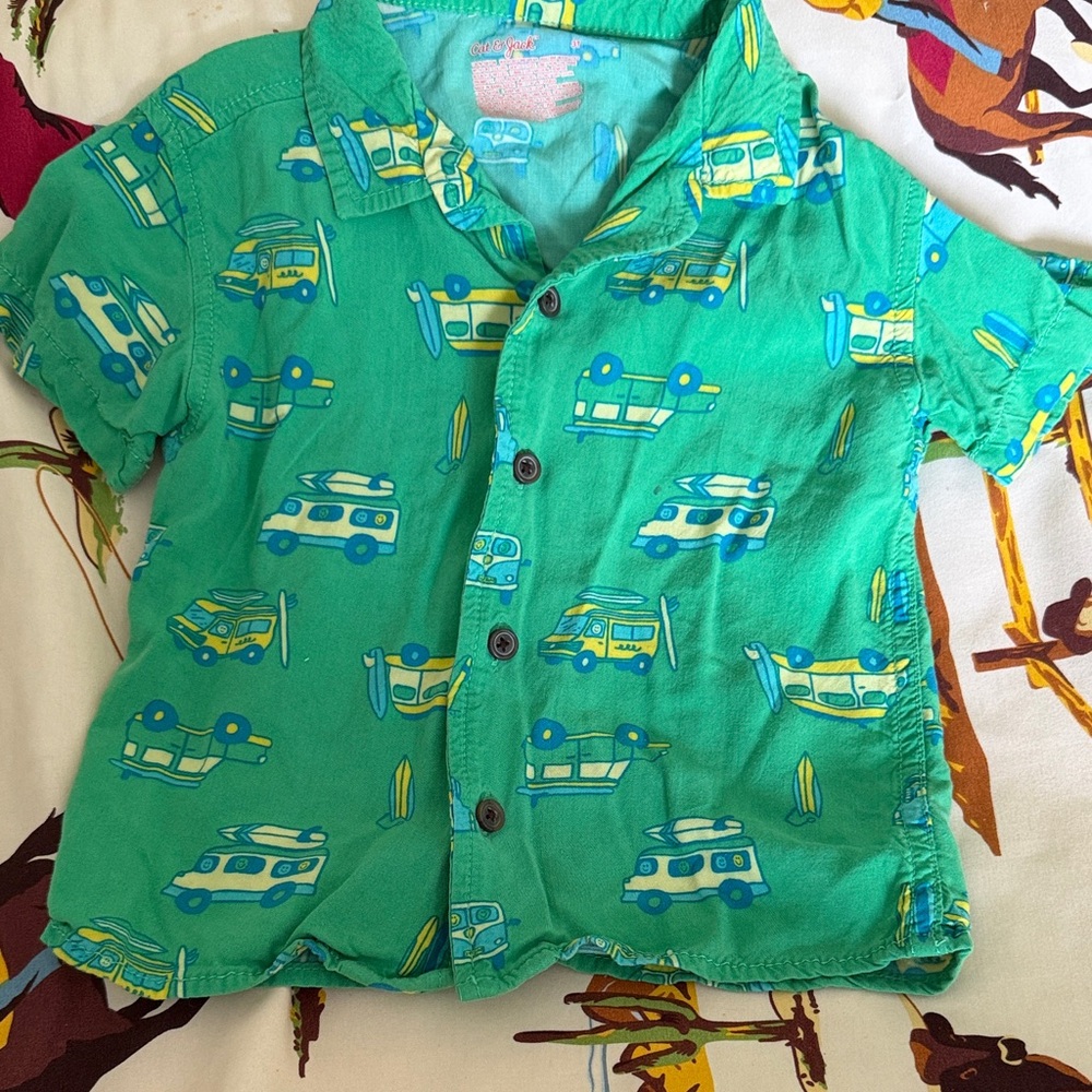 Cat & Jack Teal Button Down Shirt with Car Print